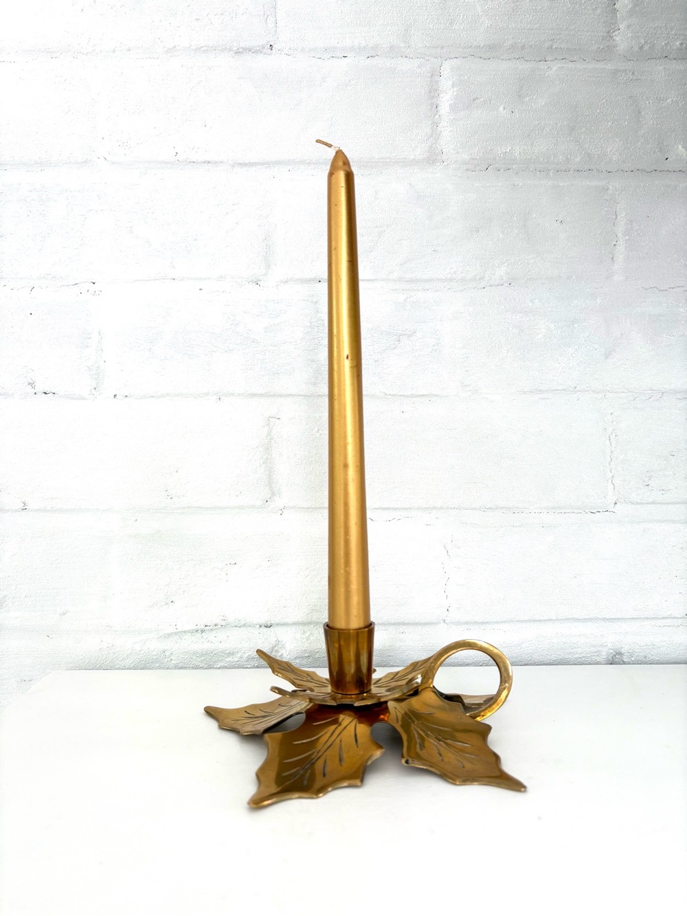 Solid Brass Gold Tone Holly Leaf Tapered Candle Holder